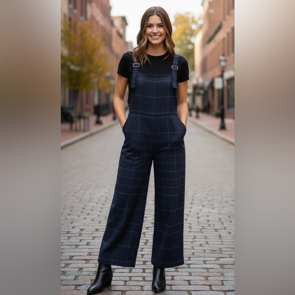 Urban Outfitters Patch Blue Checkered Wide Leg Buckle Strap Jumpsuit Size S
